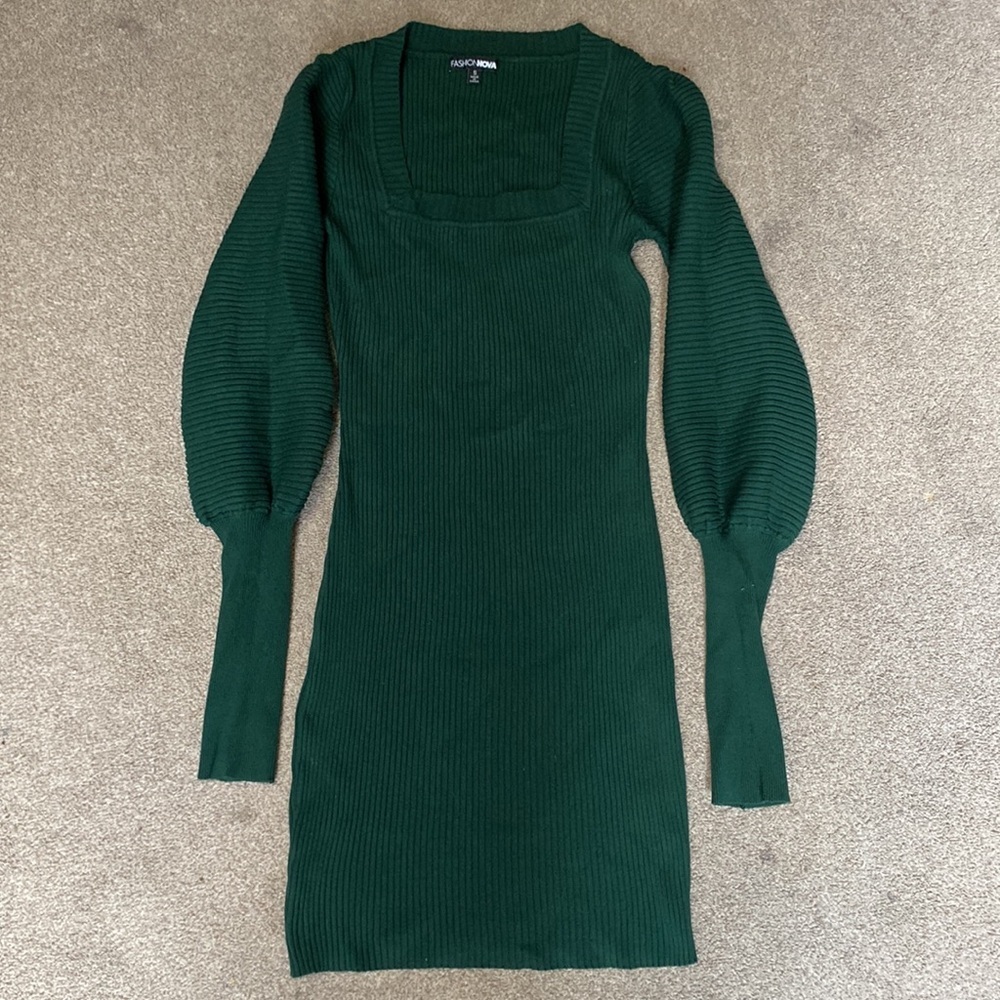 Fashion Nova Dark Green Ribbed Squareneck Balloon Sleeve Bodycon Dress Size S